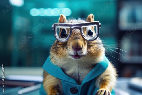 Funny chipmunk scientist in a laboratory. photo