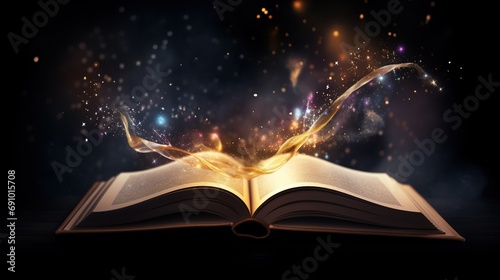 An open book casting a warm golden glow, with magical sparkles and light dancing across its pages, evoking a sense of wonder. © DigitalArt