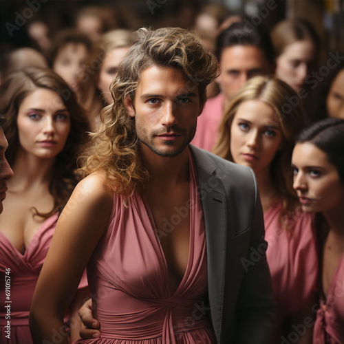 Transgender man standing among women in pink dresses. Freedom to choose gender concept. AI generated