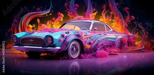 Oldtimer car on fire with fantasy details