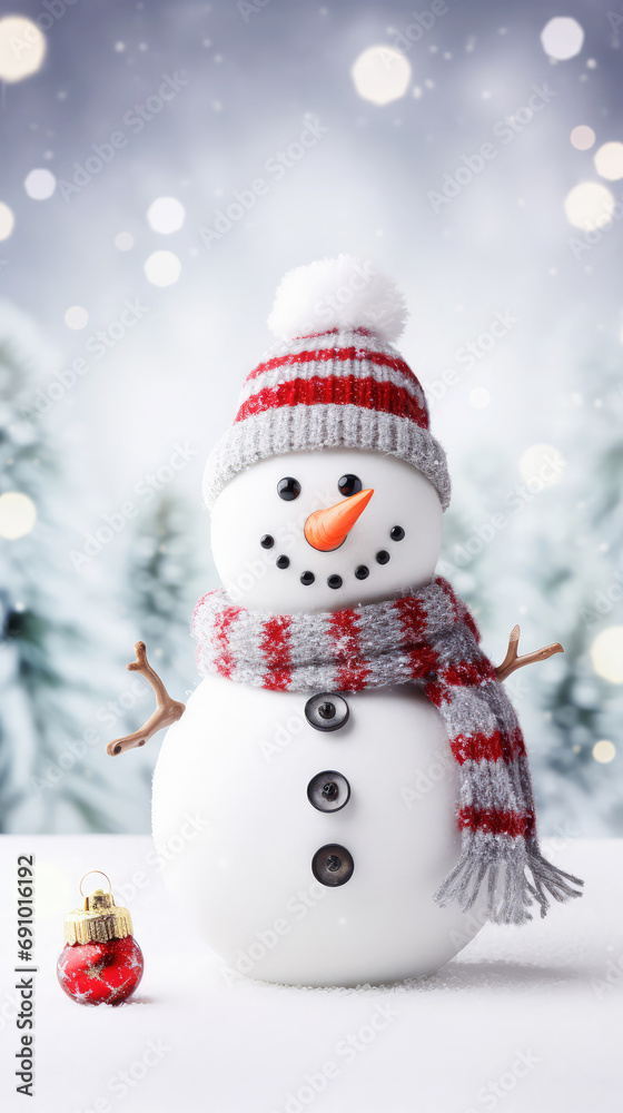 Happy snowman in winter scenery. Close-up shot, winter bokeh background.