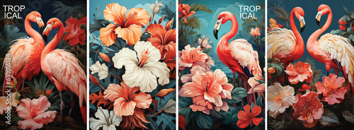 banner of Tropical flowers, plants, leaves and flamingos. Vector illustration, Hawaiian background, wallpaper, poster photo