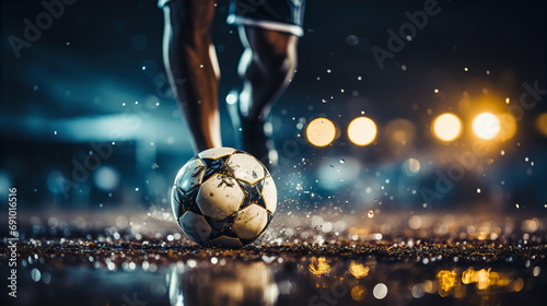 Soccer player feet kicking ball on dirty field. Professional sport soccer concept. AI generated photo