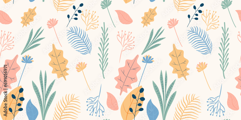 Trendy  background with simple nature shapes in vintage pastel colors. Floral pattern Organic leaves. Vector illustration with colorful freehand doodle collage. Design for wrapping paper, fabric print