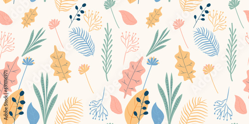 Trendy  background with simple nature shapes in vintage pastel colors. Floral pattern Organic leaves. Vector illustration with colorful freehand doodle collage. Design for wrapping paper, fabric print photo