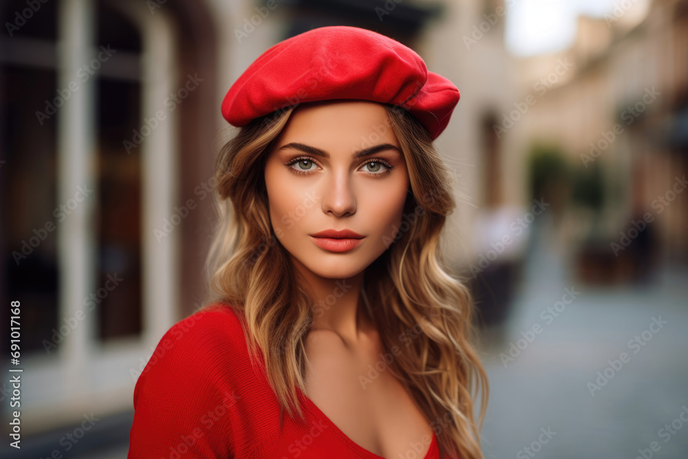 Beautiful French woman wearing a red beret