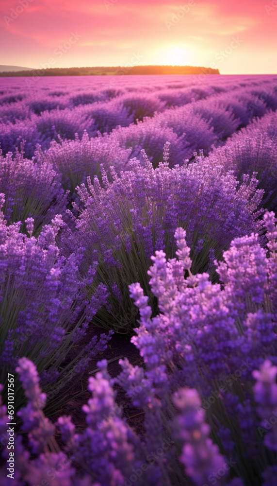 Obraz premium Lavender field in the golden sunlight of sunset or sunrise. Innovative AI.