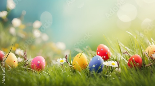 Brightly colored Easter eggs nestled among fresh spring grass and blooming flowers, illuminated by a warm, sunny glow