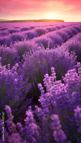 Lavender field in the golden sunlight of sunset or sunrise. Innovative AI.