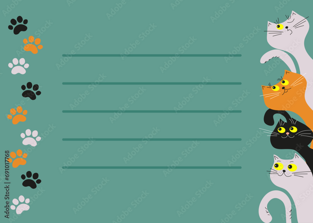 Banner, frame, flack with funny kittens. Cartoon cats, cat trail. Pets set. Place for inscription, text. Vector illustration, isolated background. Banner, frame, flack with funny kittens. Cartoon cats, cat trail. Pets set. Place for inscription, text. Vector illustration, isolated background.