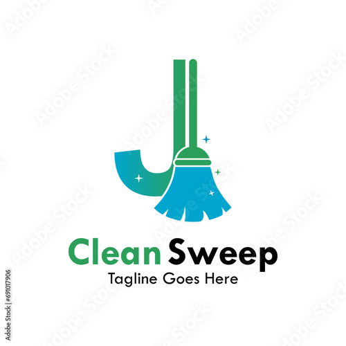 J letter with broom design logo template illustration.