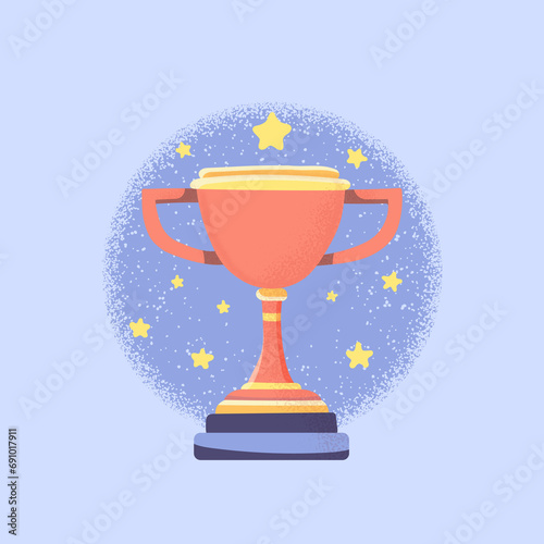 Winner's cup and golden stars on blue round background. Trophy prize cartoon style with grain texture. Color vector illustration.