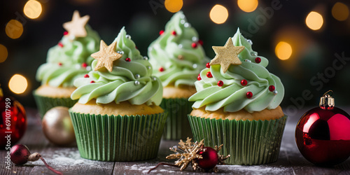Christmas tree cupcake on wooden table, closeup view