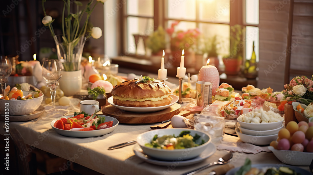 Enjoy the festive spirit with this 3D-rendered scene of an Easter brunch, complete with a variety of dishes and a springtime ambiance Enjoy the festive spirit with this 3D-rendered scene of an Easter brunch, complete with a variety of dishes and a springtime ambiance