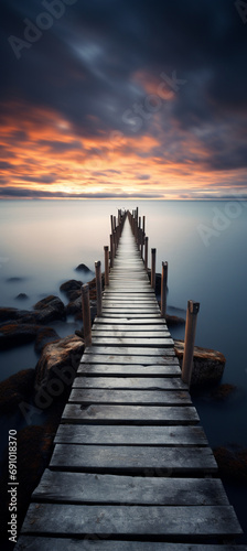 An exposure of the wooden bridge leading to the ocean with the soft water effect and cloudy sky of a sunrise or sunset. Innovative AI. © Story