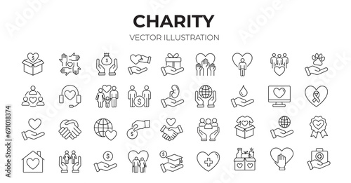 Charity editable stroke outline icons set. Donate, charity, solidarity, trust, social care, community, helping hands, partnership and help. Vector illustration