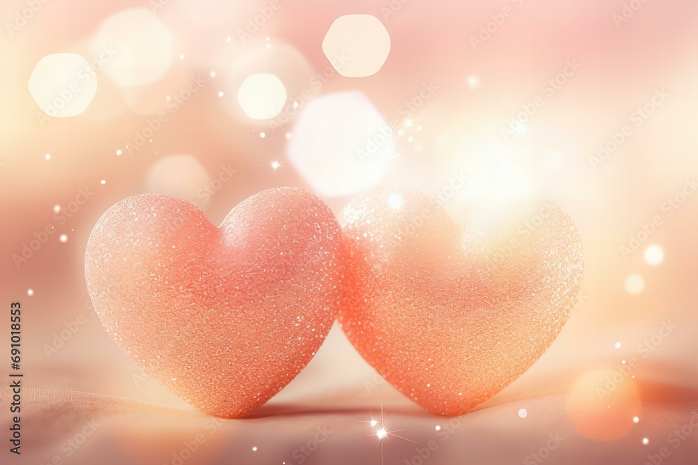 beautiful shiny two hearts in peach fuzz color of the year 2024 on a pastel peach bokeh background beautiful shiny two hearts in peach fuzz color of the year 2024 on a pastel peach bokeh background