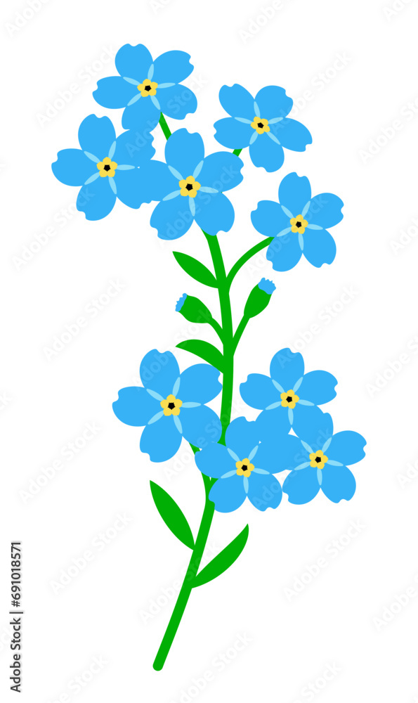 Branch of forget-me-not isolated on a white background. Small blue flowers, a template for decoration. Flat style, editable stroke.