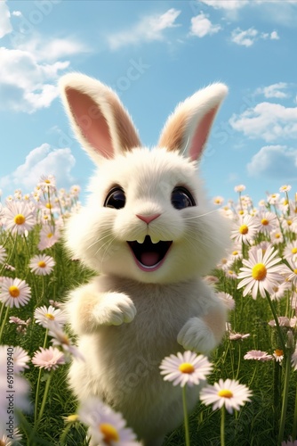 A heartwarming scene of an animated bunny surrounded by the beauty of spring flowers, captured in stunning 3D detail © Елена Григорова