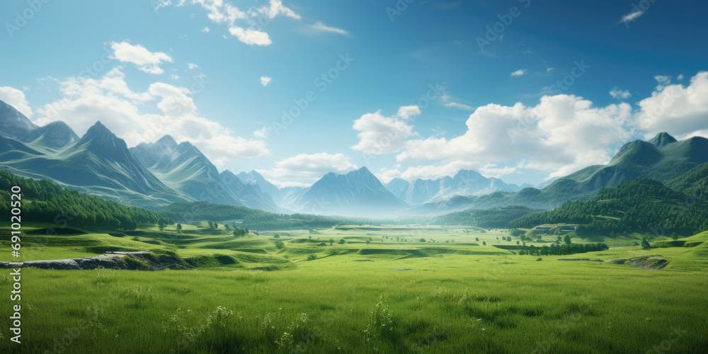 green field with mountains