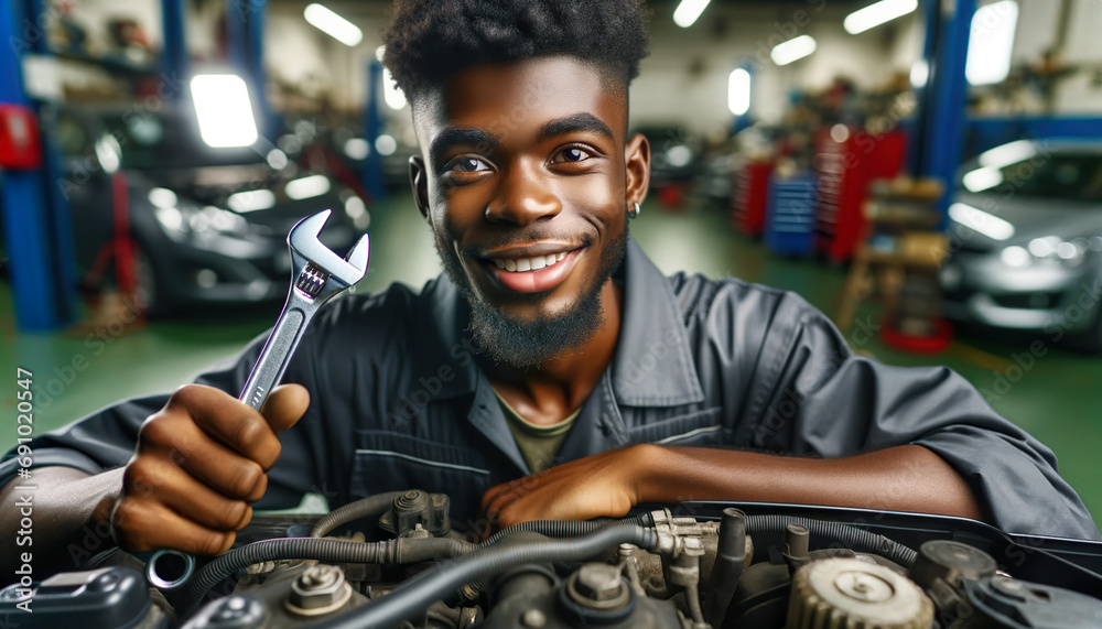 African man mechanic holding a wrench working on a car engine inside a workshop