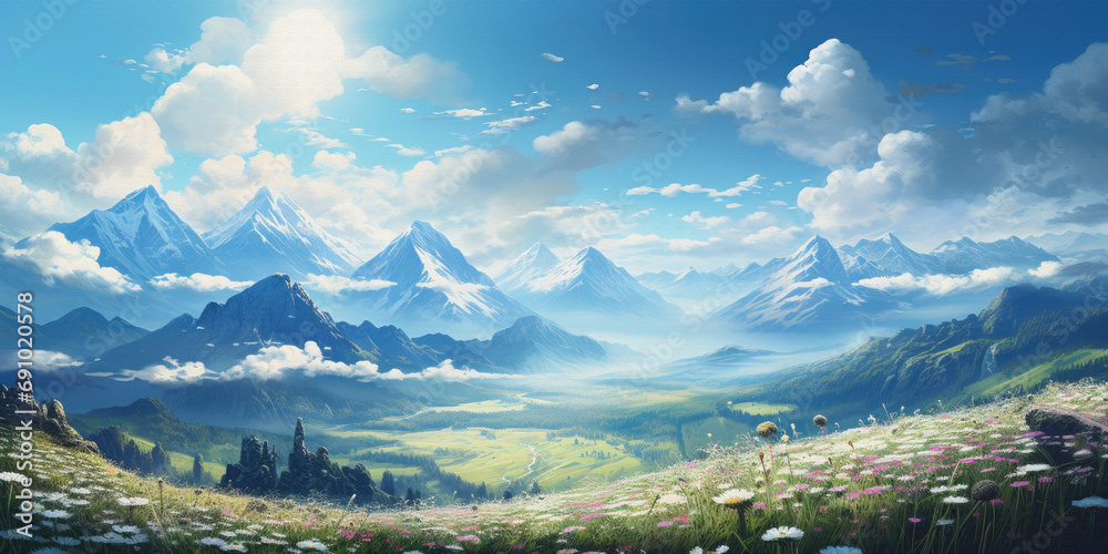 green field with mountains, anime aesthetic