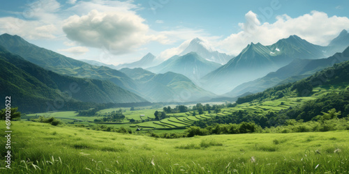 green field with mountains