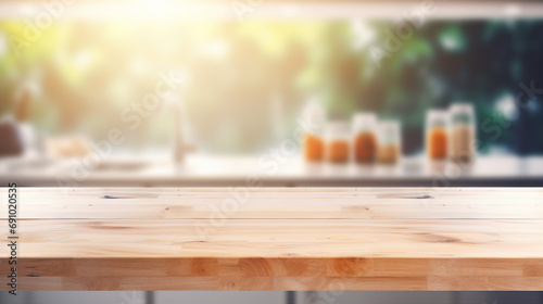 Beautiful Wooden Table Top with Empty Space - Clean Interior Design Concept for Restaurants and Cafes, Vintage Texture and Bokeh Background for Product Display.