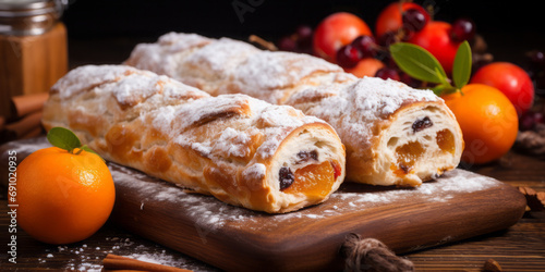 A christmas Festive German Stollen Bread adorned with Dried Fruits and Nuts