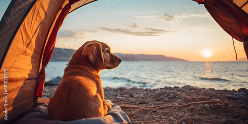 dog on the beachHappy weekend by the sea a dog in a tent on the beach at dawn. ukrainian landscape at the sea of azov, Tourist tent, dog and man. Tourist in nature.  photo