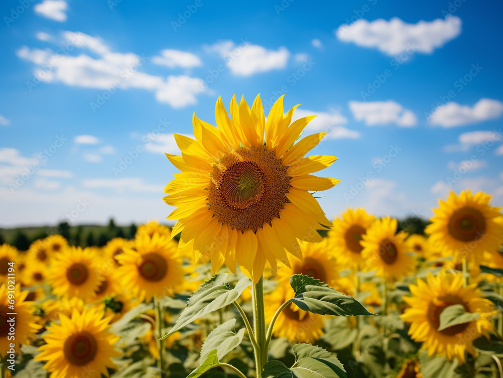 A sunflower field stretching towards the horizon. The weather is hot with clear blue skies.