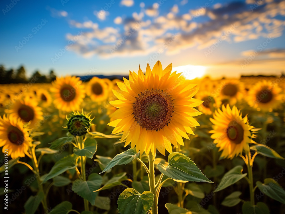 Fototapeta premium A sunflower field stretching towards the horizon. The weather is hot with clear blue skies.