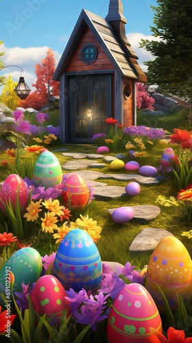 Discover the joy of Easter with this interactive 3D game, featuring eggs concealed among the lush flora of a serene garden landscape
