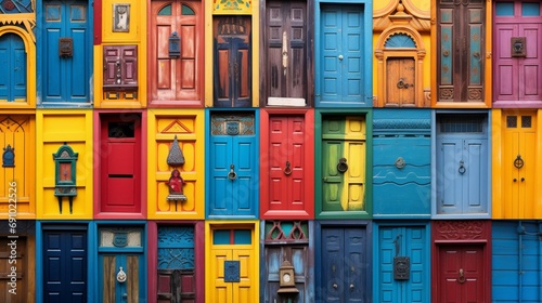  a collection of eclectic and brightly painted doors, symbolizing diversity and cultural richness. photo