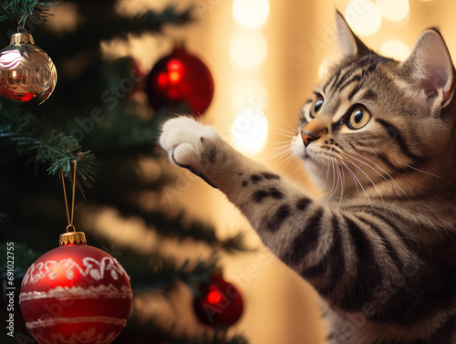 a cat playing with a toy from the Christmas tree