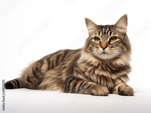 gray longhaired cat lying on white background