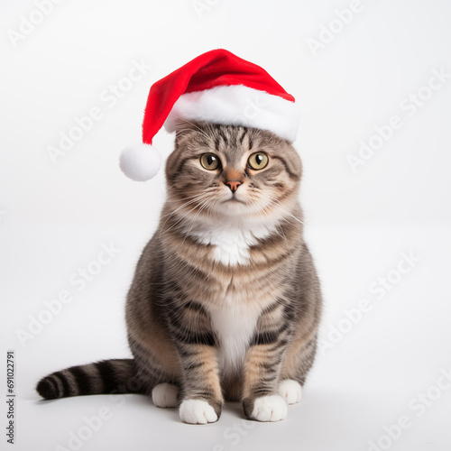 a cat sitting on a white background wearing a Christmas hat