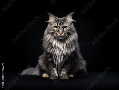 gray longhaired cat sitting on a black background © Екатерина Абрамова