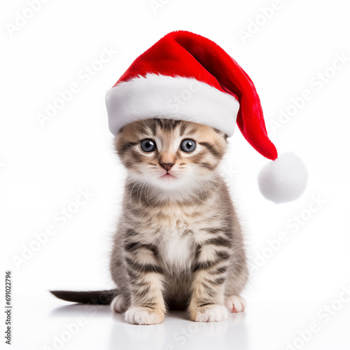 a kitten sitting on a white background wearing a Christmas hat