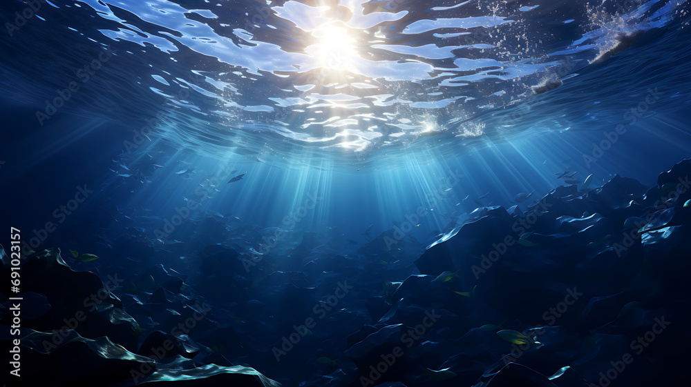 A beautiful Underwater scene With sunbeams shining through the water's surface Blue Sunlight Background, AI Generated