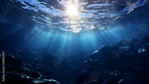 A beautiful Underwater scene With sunbeams shining through the water's surface Blue Sunlight Background, AI Generated © digitalproducts
