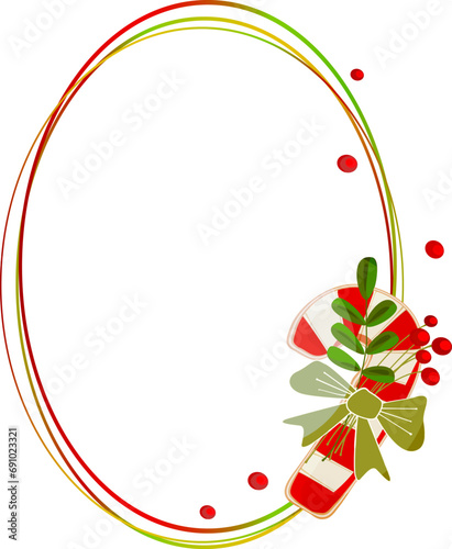 Luxury vertical oval frame with Christmas candy cane. Space for text. Vector illustration. Use to decorate greeting cards, invitations, etc.