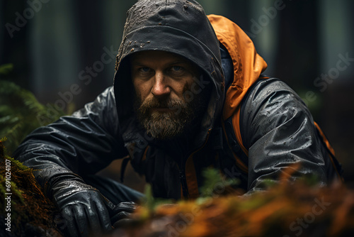 Portrait of a forester, bearded European man sitting in the forest on a rainy day