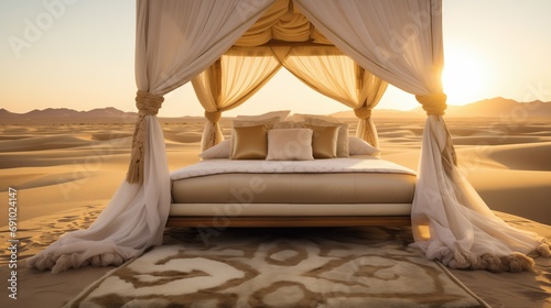 Luxurious bed with crisp white sheets, fluffy pillows, and intricate carvings on a raised platform. Gold accents add a touch of elegance. Surrounded by rolling sand dunes