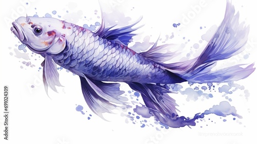 Dive into the tranquil world of a koi fish with glistening silver and deep purple scales, creating an enchanting spectacle in pristine, white surroundings.