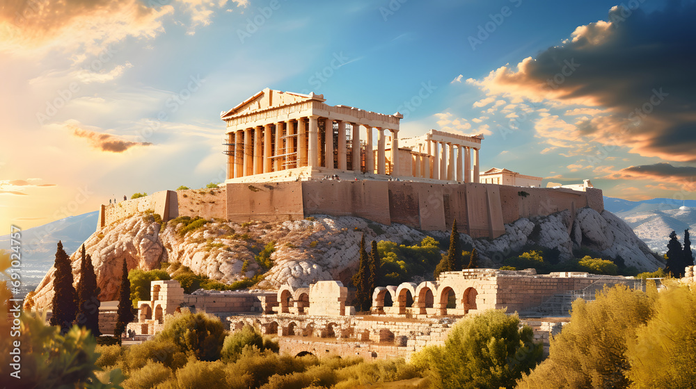 Obraz na płótnie A panoramic view of the historic Acropolis in Athens Greece at sunset. w salonie