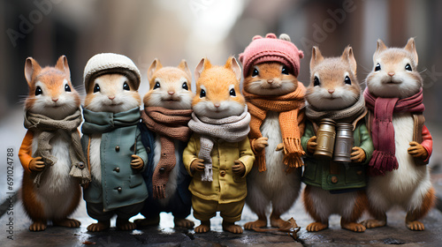 Group of squirrels dressed in colorful winter hats and scarves.