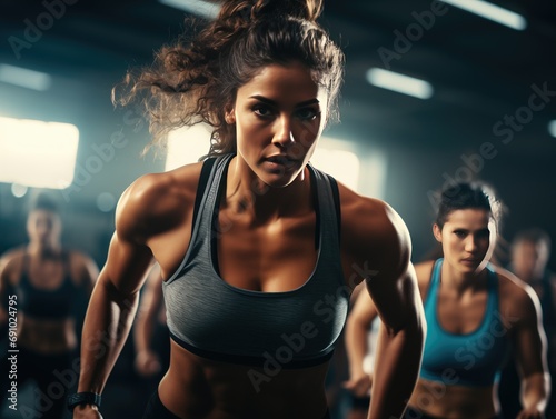 Group of people in a brightly lit gym  intensely focused on high-intensity interval training. Perfect form  sharp concentration  and fitness dedication evident