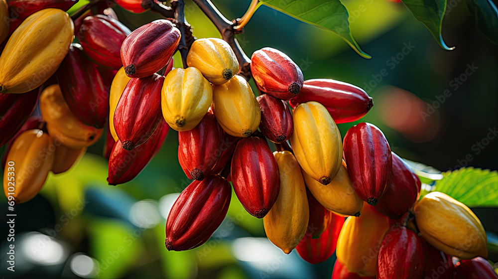 A bunch of fruit hanging from a tree. Red and yellow cocoa beans. - obrazy, fototapety, plakaty 