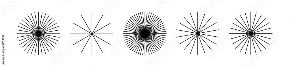 Starburst stripe round set. Ray lines emanate from the center of the circle. Pack of geometric elements. Isolated vector illustration on white background. - obrazy, fototapety, plakaty 